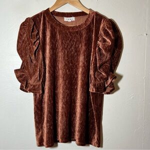 THML Ribbed Velvet Puff Sleeve Top Large Brown